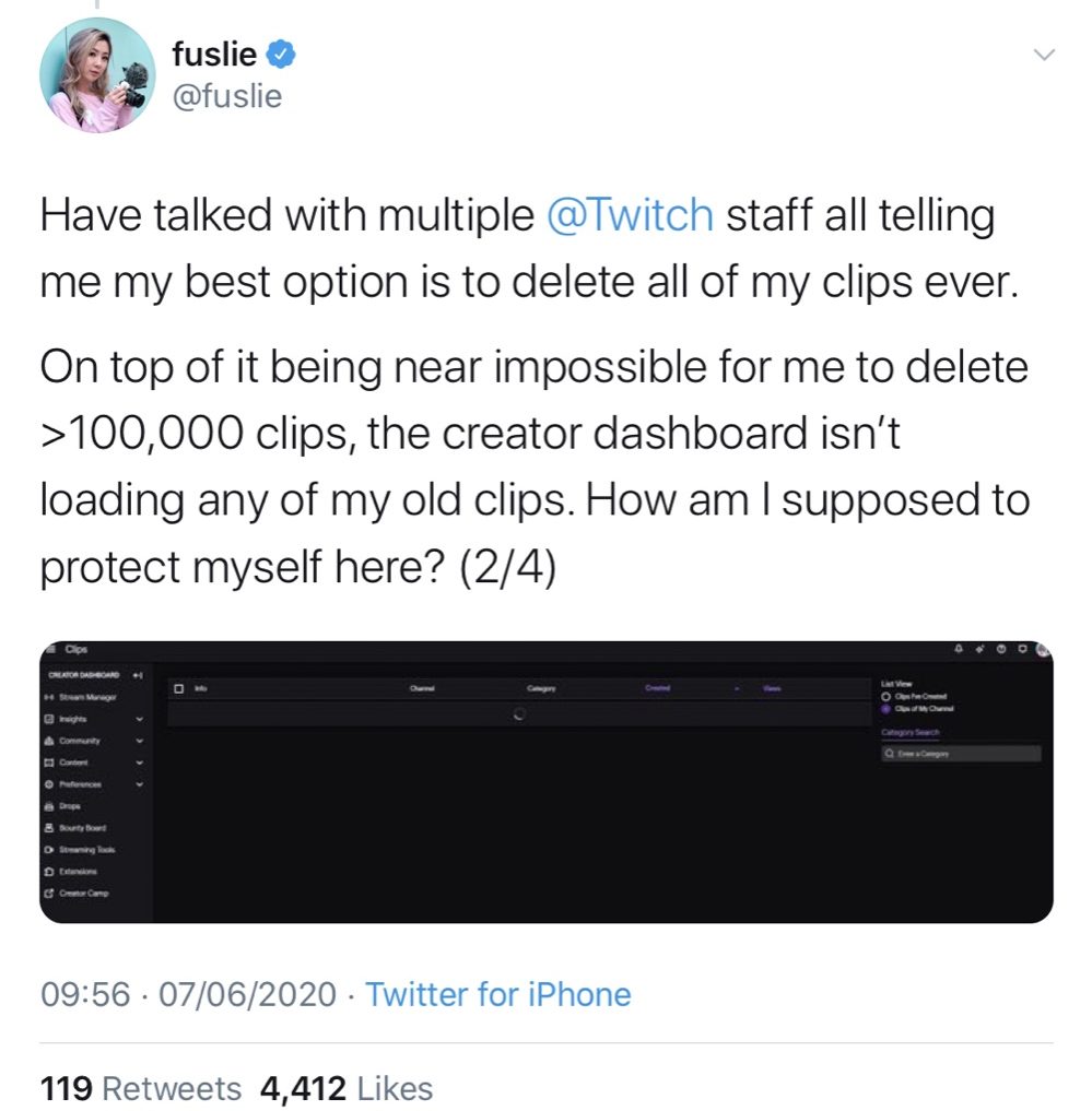 Twitch’s backend is preventing fuslie from loading old clips (Twitter - @fuslie)