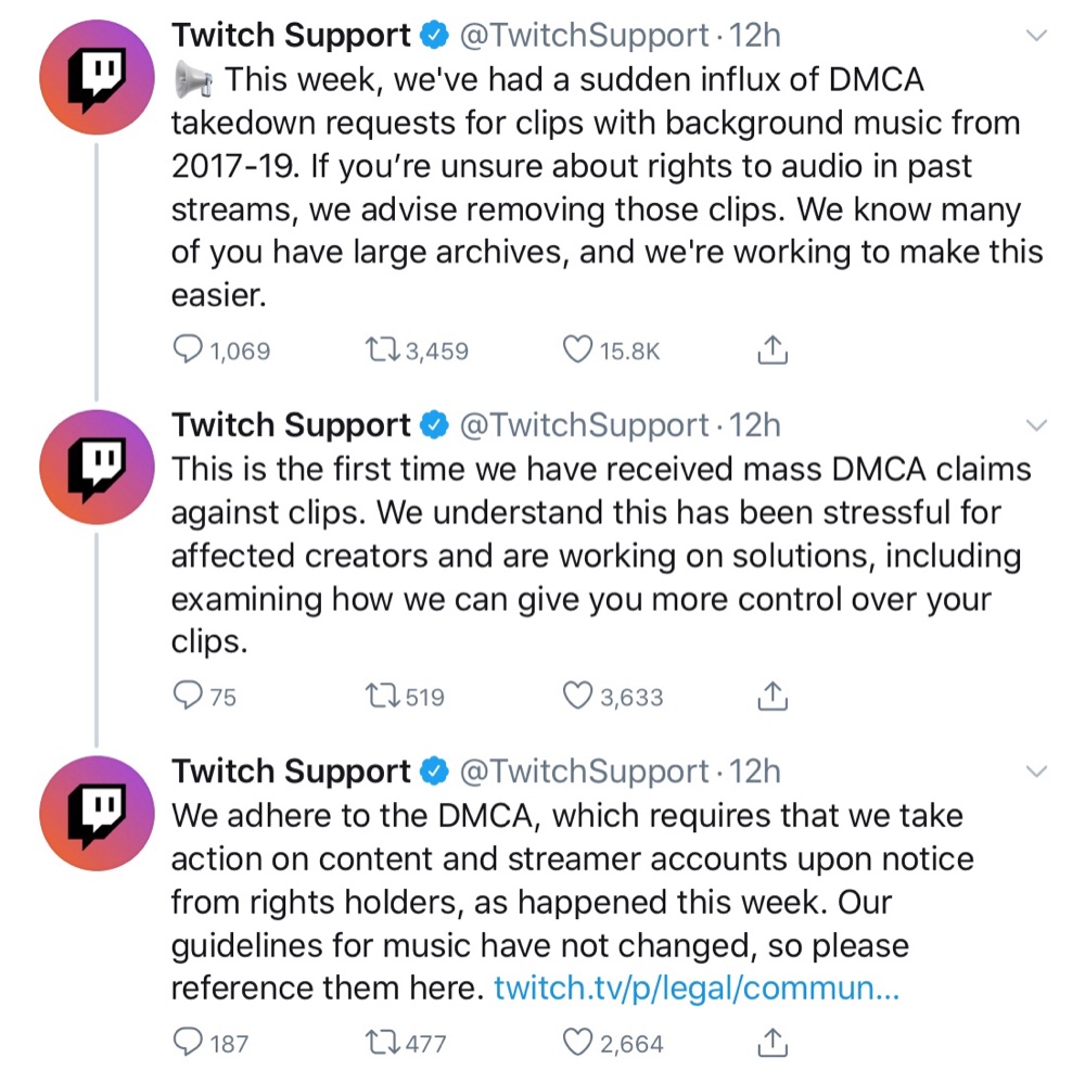 Twitch Support tweeted that it’s “working on solutions” and is advising streamers to remove clips where they’re unsure about the audio rights (Twitter - @TwitchSupport)