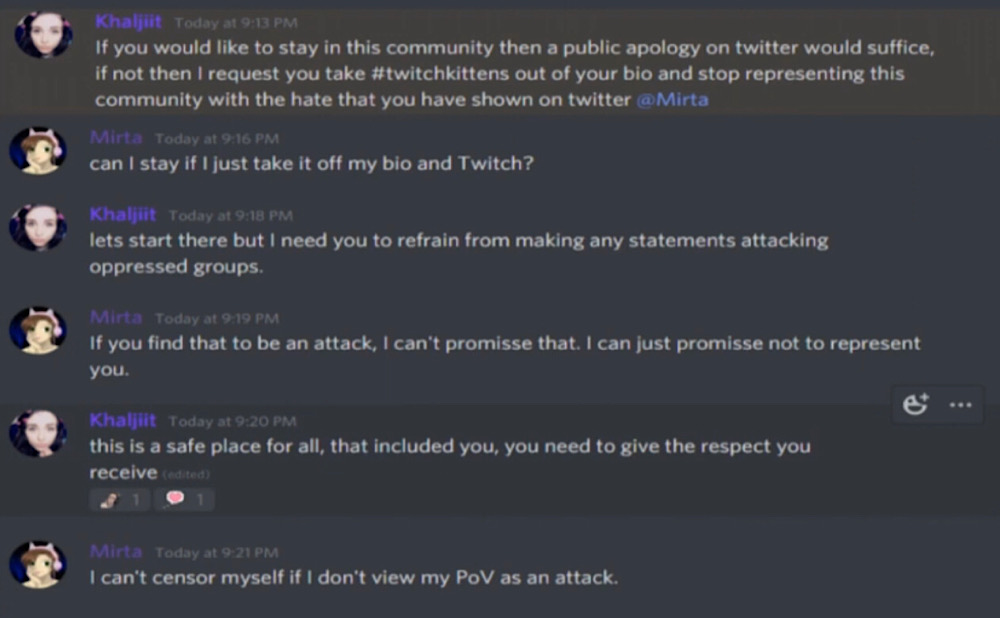 mirta000 was told by the leader of Twitch Kittens that she would have to make a public apology on Twitter to remain part of the community (YouTube - mirta000)