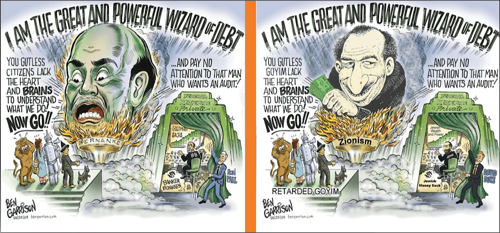 The left image shows Ben Garrison's original cartoon, the right image shows the doctored version of Ben Garrison's cartoon that was published on the ADL's website