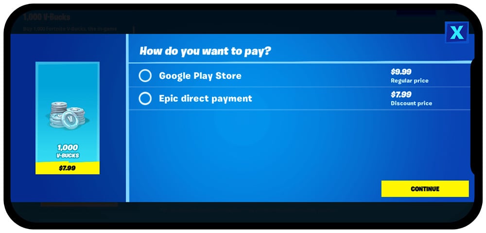 Epic Games offered Android users a 20% discount for using its Epic direct payment system (Epic Games)