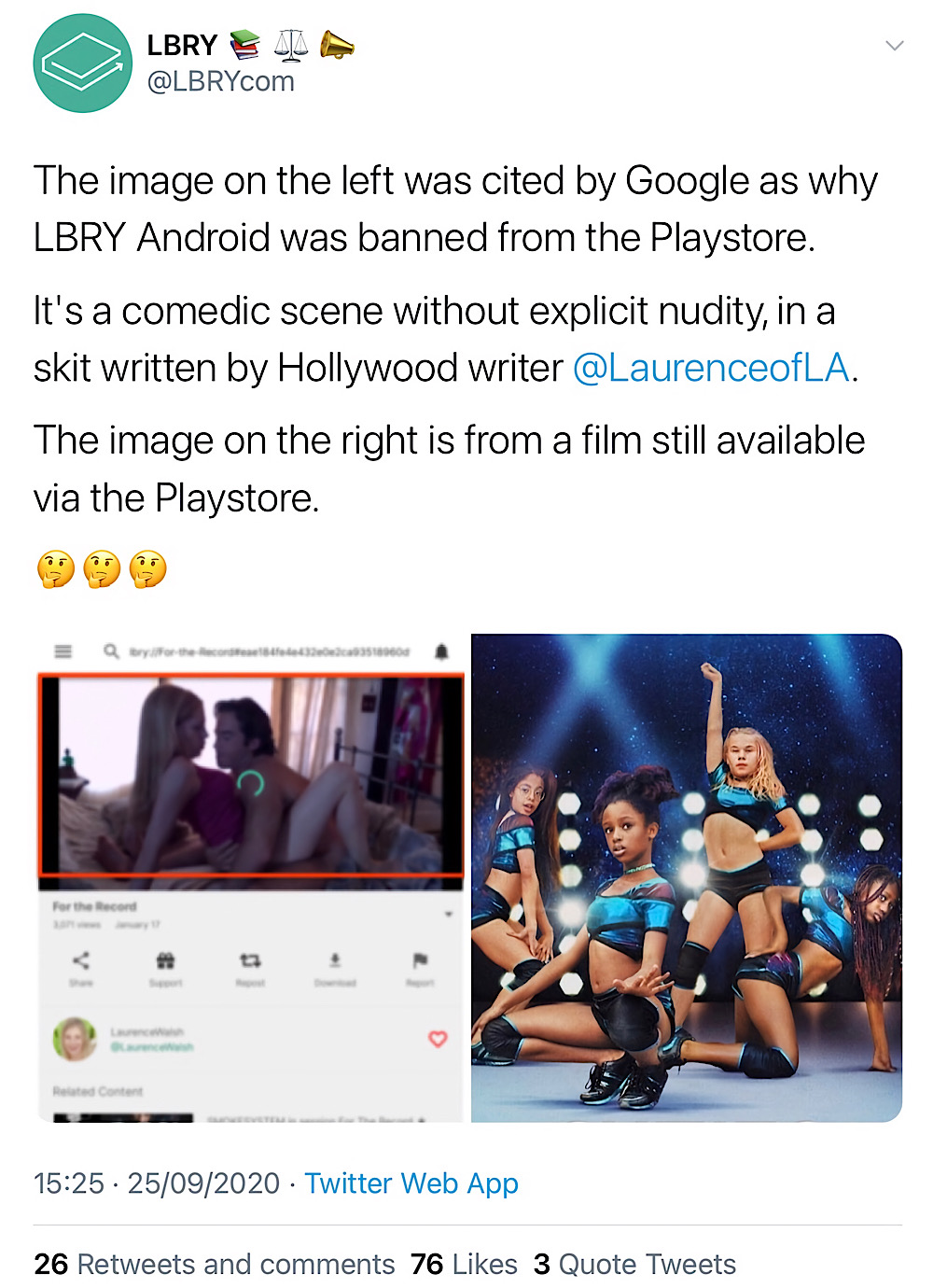LBRY noted that the controversial film Cuties can still be accessed via the Netflix app in the Google Play Store (Twitter - @LBRYcom)