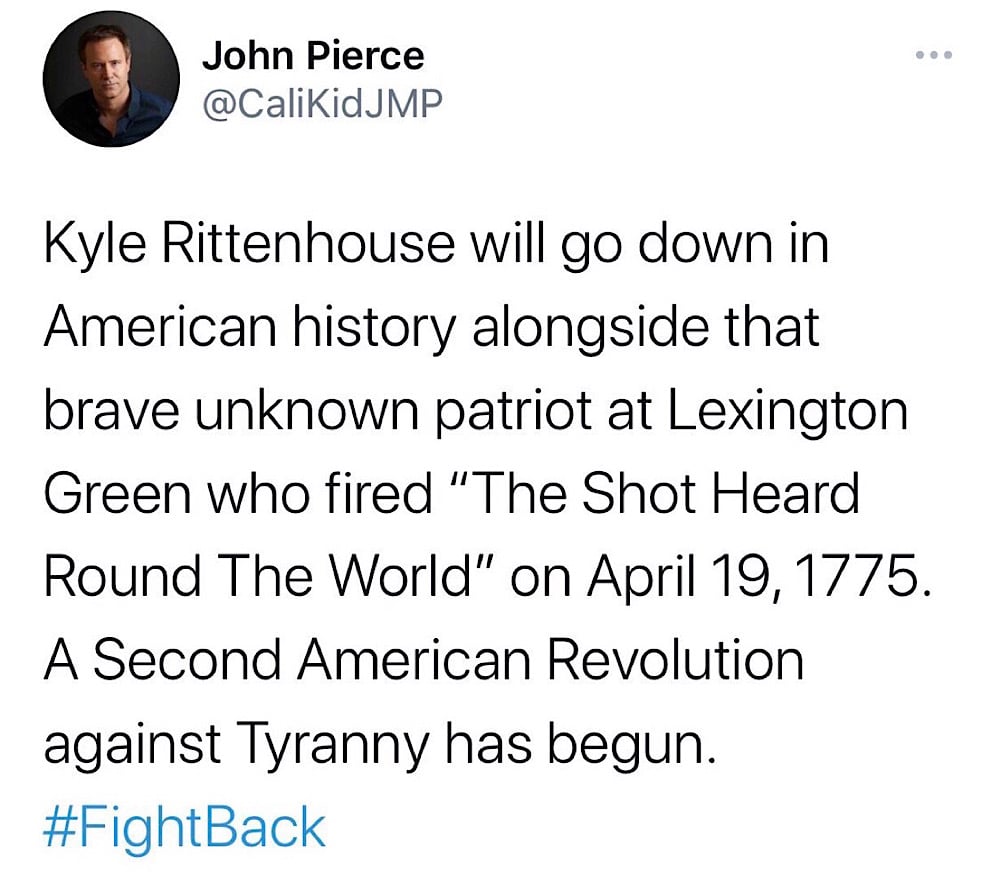 John Pierce was locked out of his account for comparing Kyle Rittenhouse to the "unknown patriot" who fired the first shot of the Battle of Concord (Twitter - @CaliKidJMP)