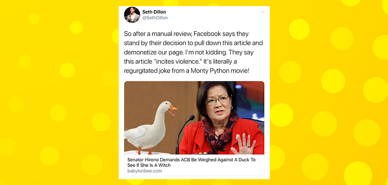 Facebook claims The Babylon Bee’s Monty Python spoof post is “inciting violence,” demonetized its entire page