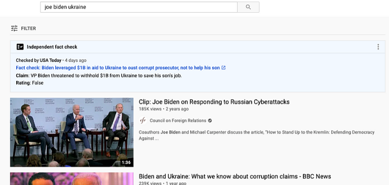YouTube fills search results pages with Joe Biden Ukraine “fact check,” pushes mainstream media to top