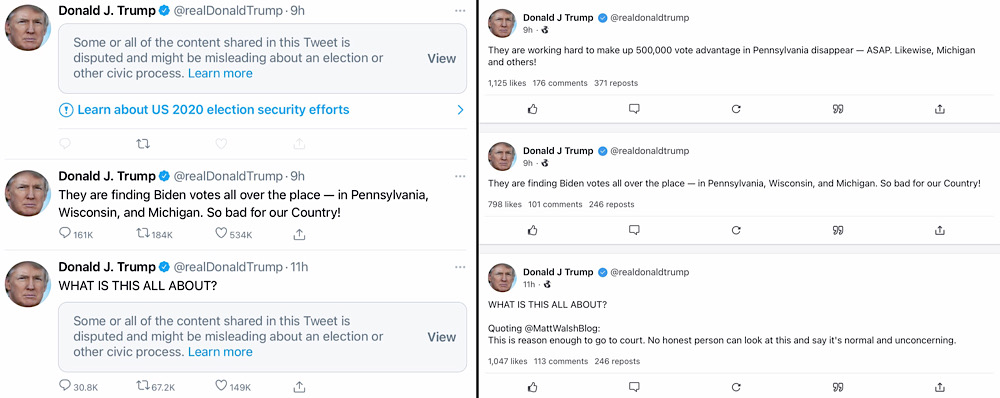 President Trump's censored Twitter feed (left) compared with his unfiltered mirror feed on free speech social network Gab (right)