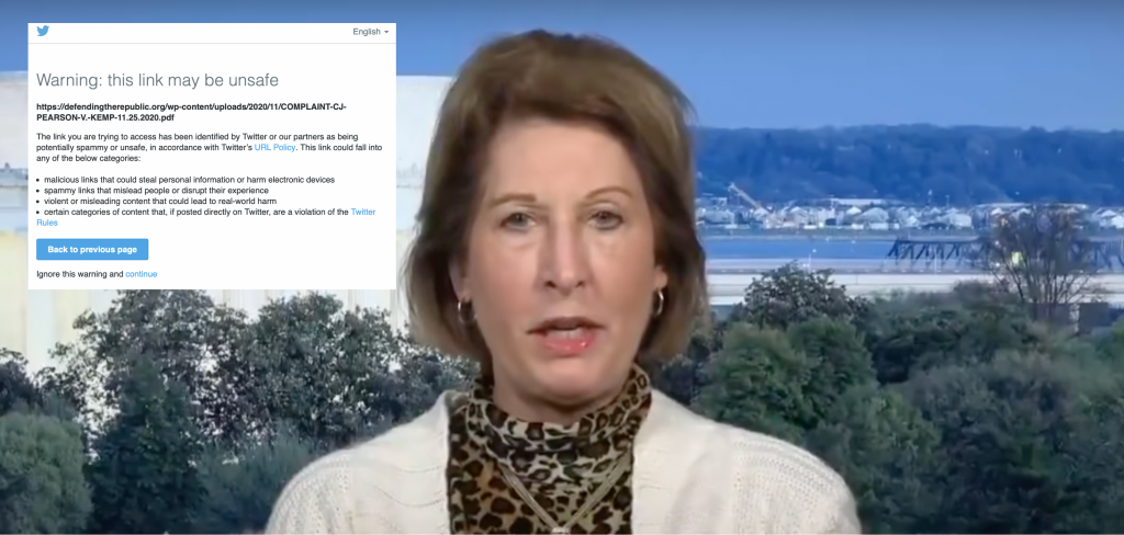 Twitter blocks links to Sidney Powell’s legal defense fund website, brands it “potentially harmful”