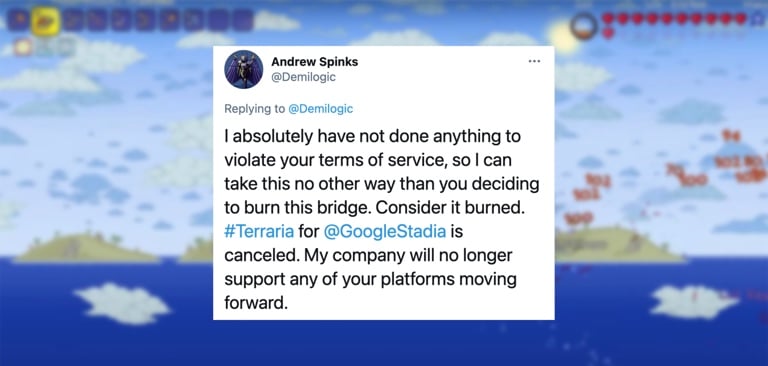 Terraria creator cancels Stadia version after Google disabled his account, deleted his data, locked his Gmail