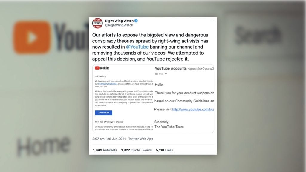 Ironic: Right Wing Watch banned from YouTube after campaigning to expose “dangerous conspiracy theories”
