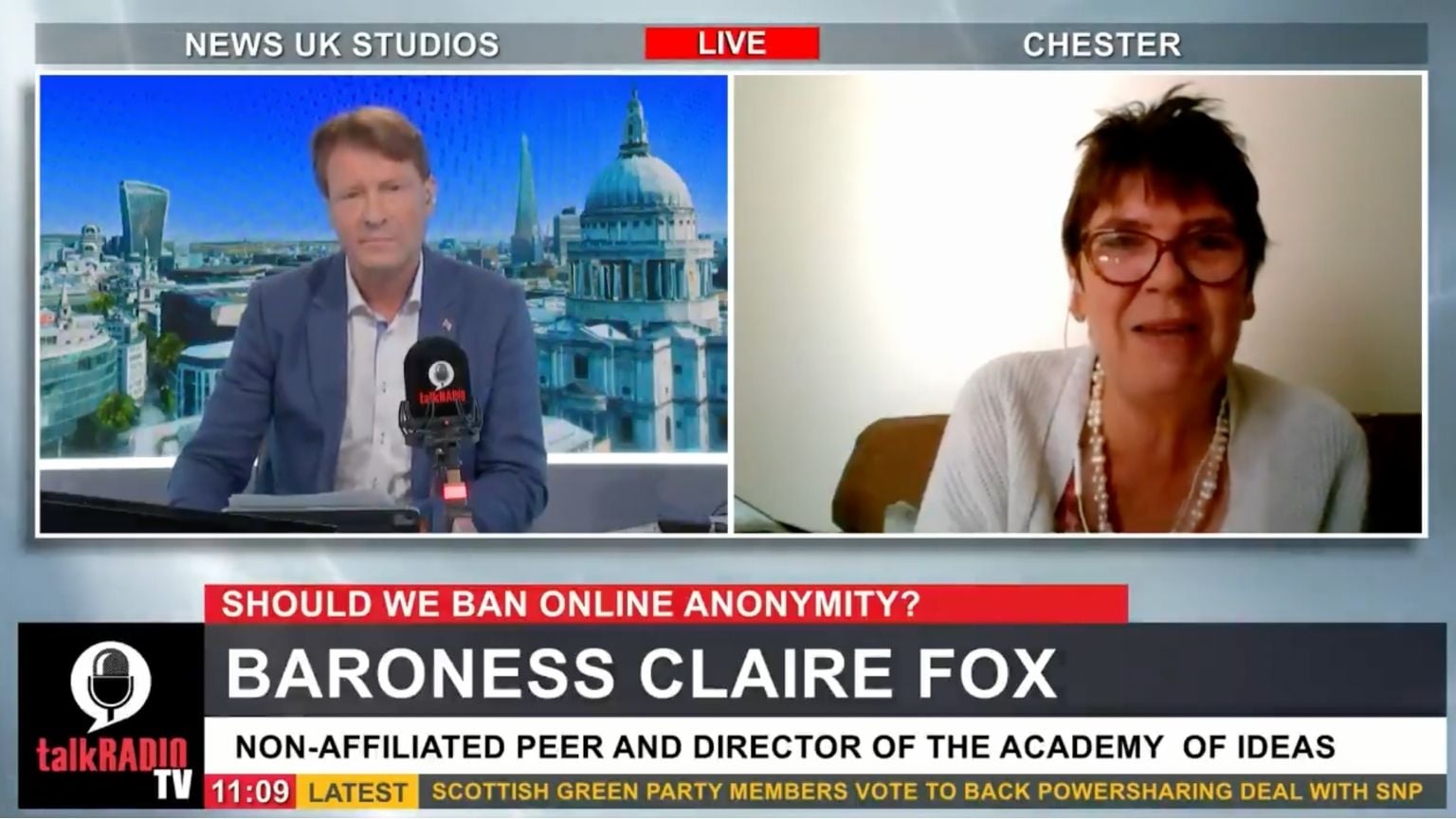 UK House of Lords’ Baroness Claire Fox on online anonymity: “The last thing I want to do is ban something else.”