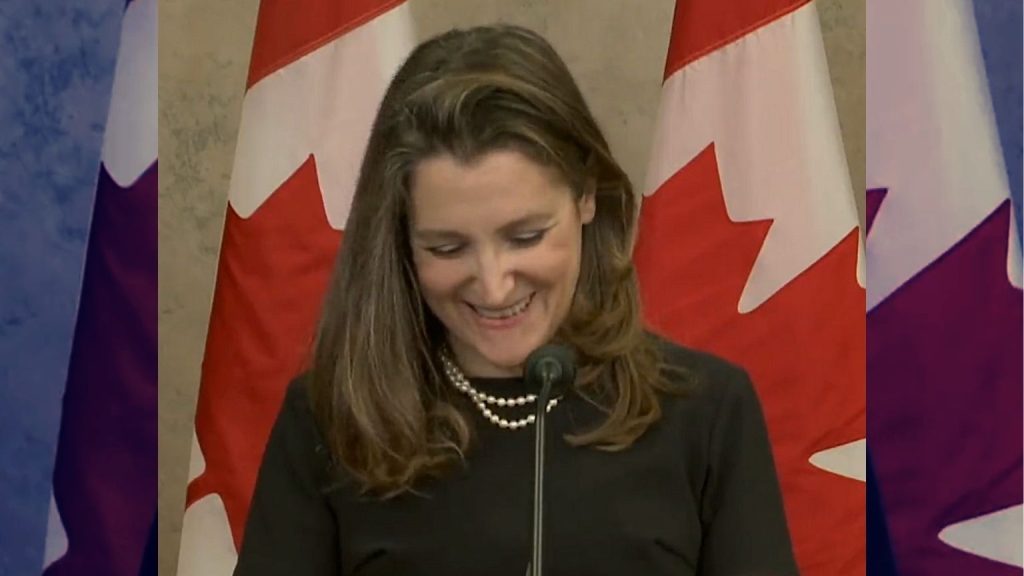 Canadian Deputy PM Chrystia Freeland laughs when quizzed on freezing of citizen’s bank accounts
