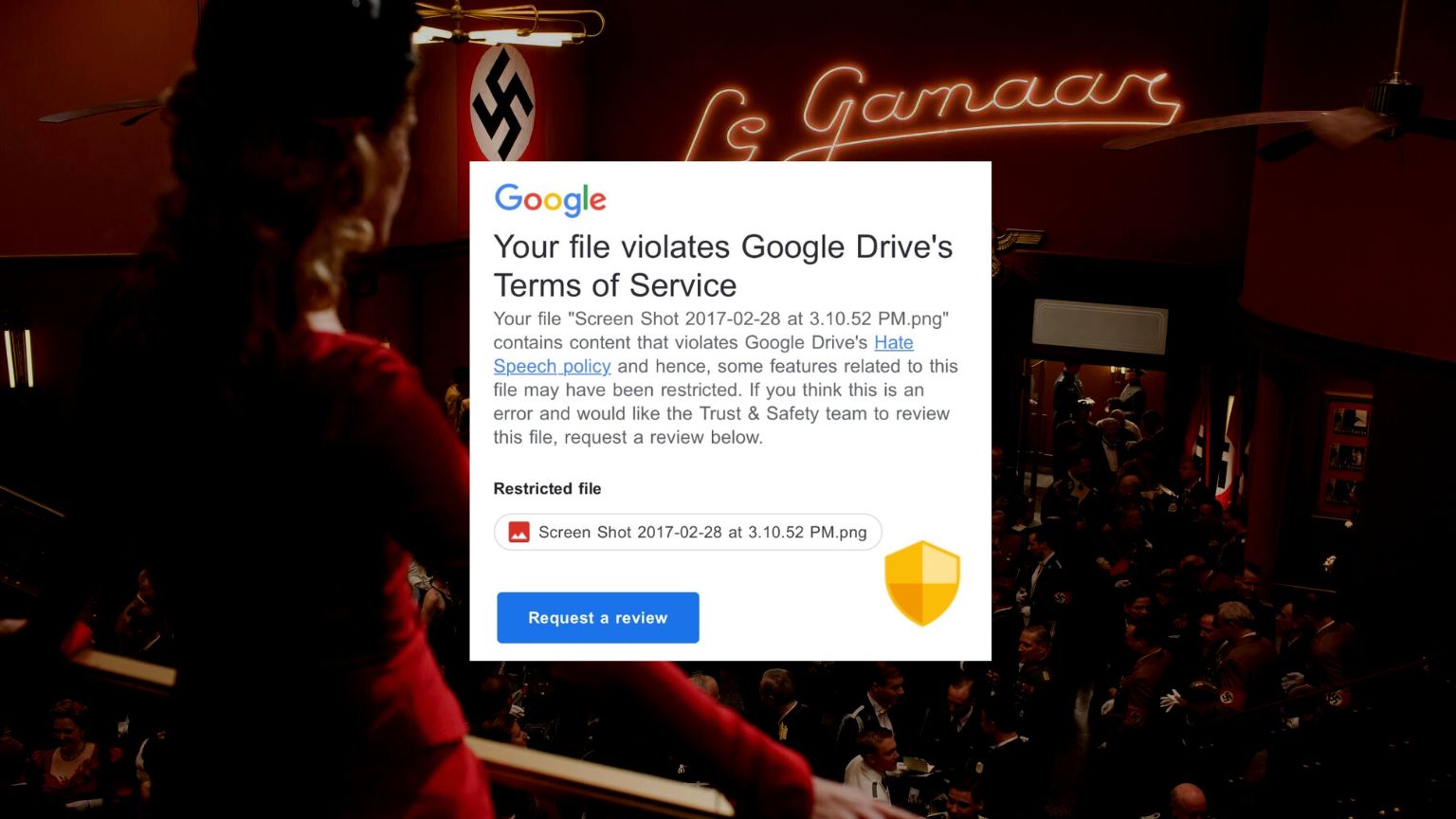 Google Drive flags and restricts user’s screenshot of Quentin Tarantino’s Inglorious Basterds