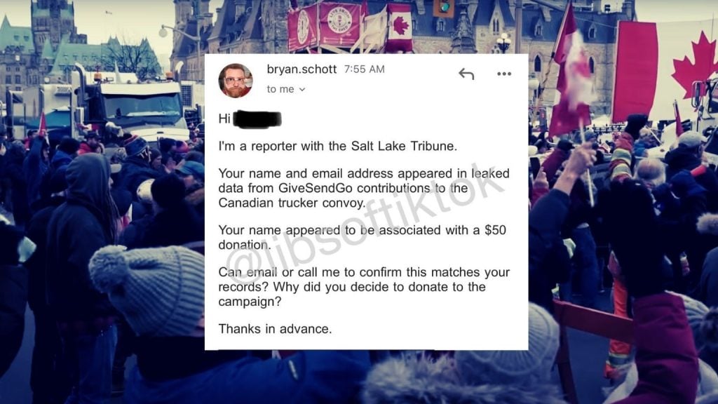 Salt Lake Tribune uses hacked Freedom Convoy fundraising list to contact donors, asking why they donated