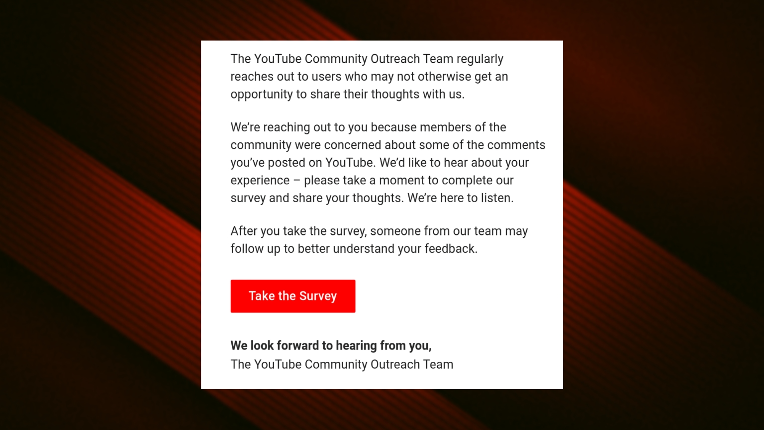 YouTube is emailing users to say “members of the community” are “concerned” about their comments