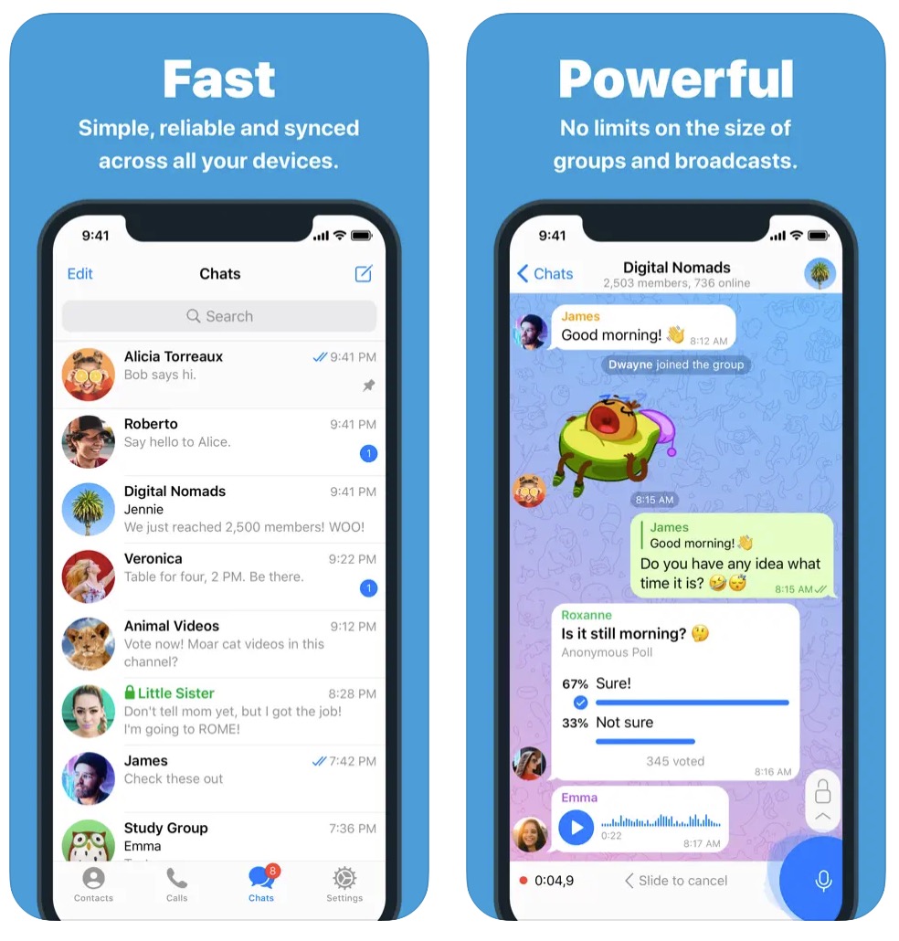 A screenshot of the Telegram app and its features.