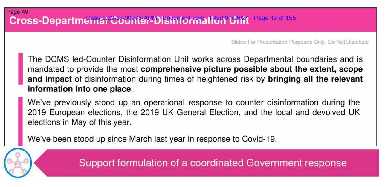 Cross-Departmental Counter-Disinformation Unit document titled "Support formulation of a coordinated Government response," outlining the DCMS led-Counter Disinformation Unit's mandate and previous work against disinformation.