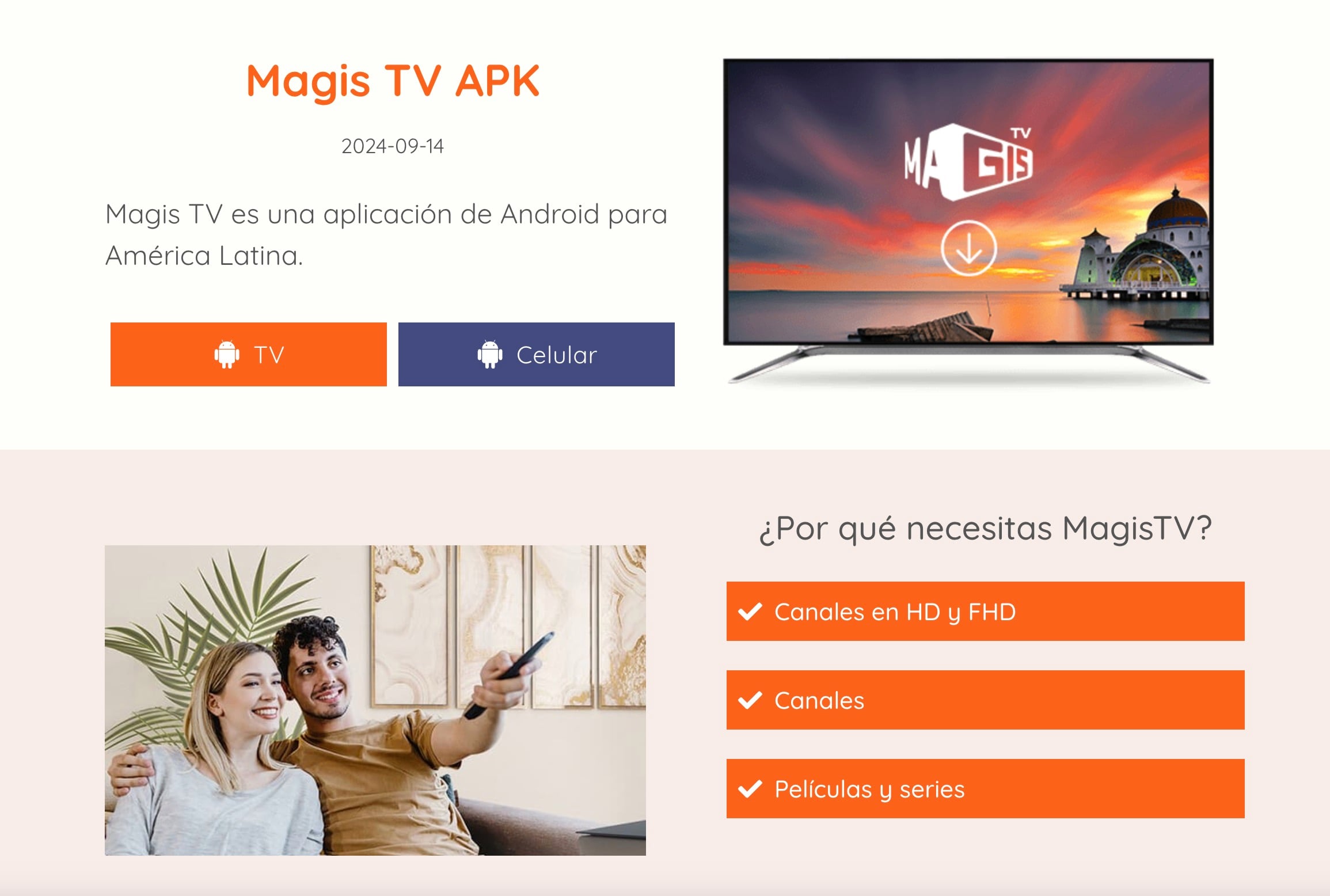 Magis TV APK page in Spanish with an Android TV application for Latin America, showing TV and Mobile options, a TV, and features including HD channels, regular channels, and movies/series.