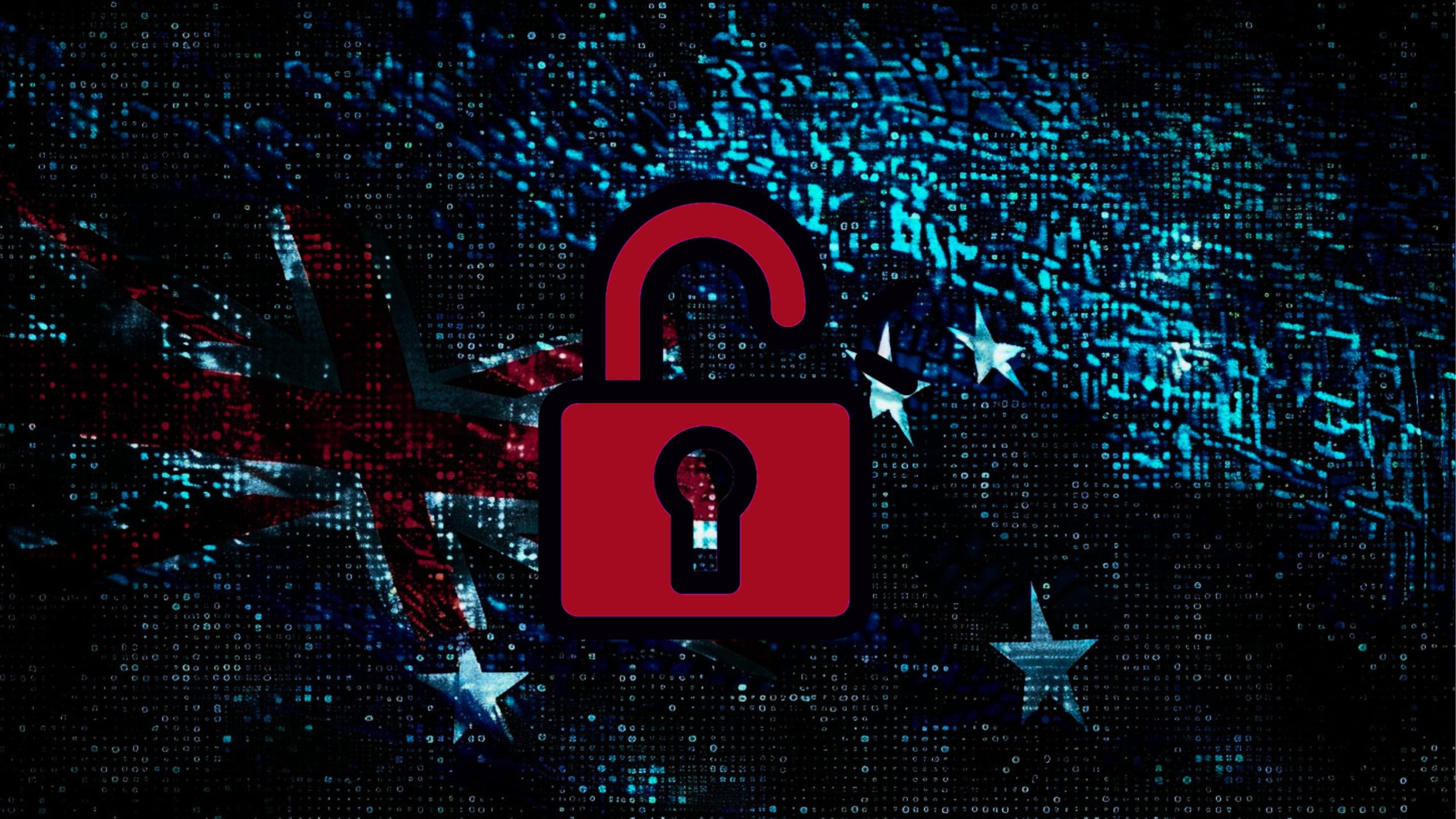 Red unlocked padlock icon overlaying a digital binary code background with a partially visible flag.