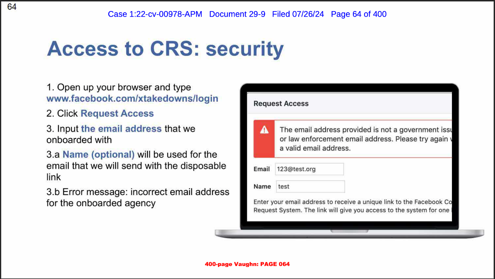 Access to CRS: security instructions on how to request access, displayed along with an error message on a laptop screen.