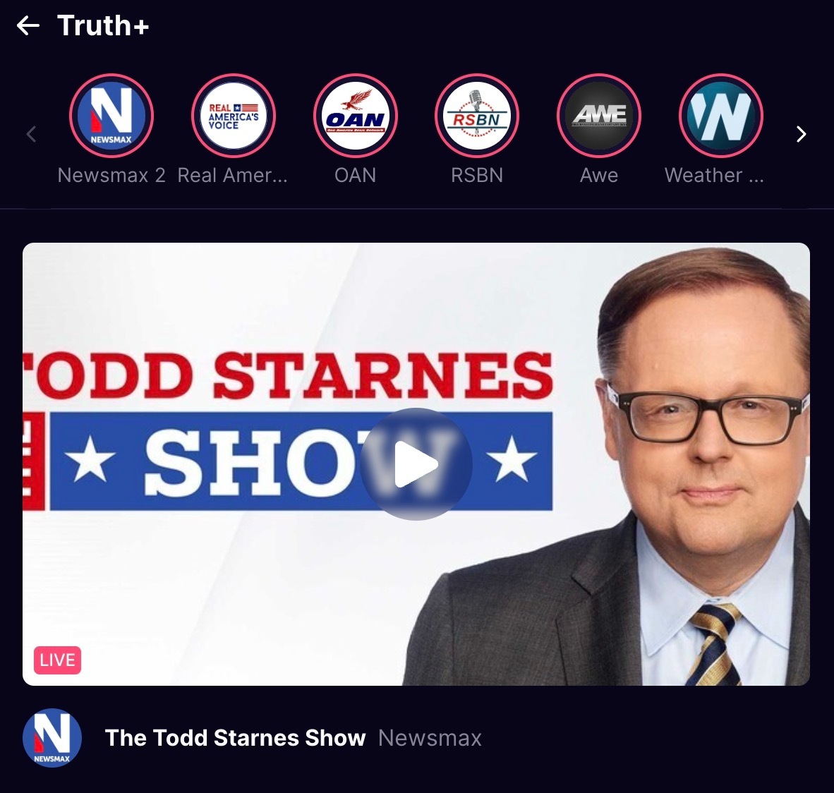 The Todd Starnes Show on Newsmax with a male host wearing glasses and a suit, a play button overlay, and several channel logos at the top.