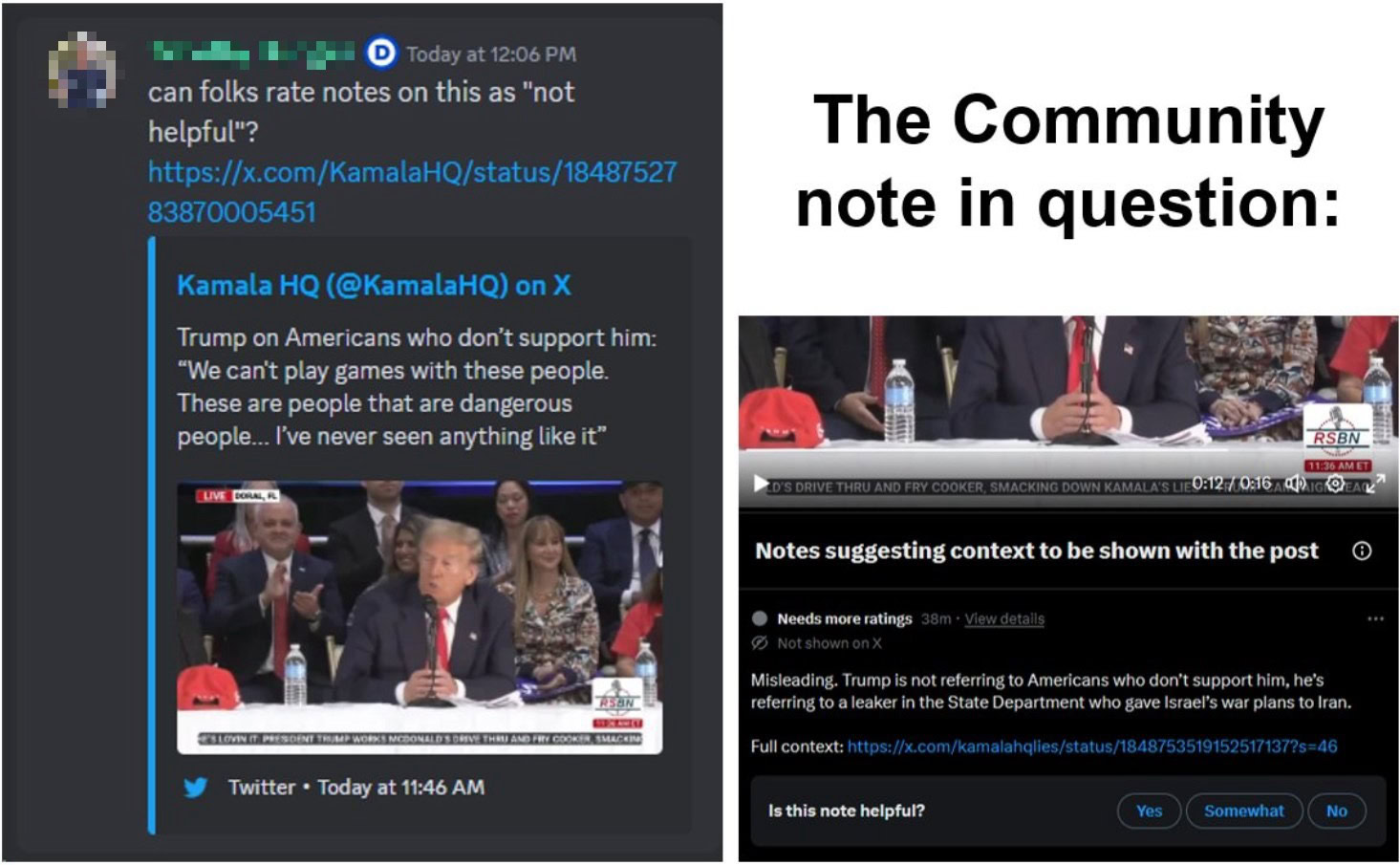 Screenshot of a social media post discussing a request to rate a community note as "not helpful," with an image showing a person speaking at a table and a note suggesting context for a quoted statement.