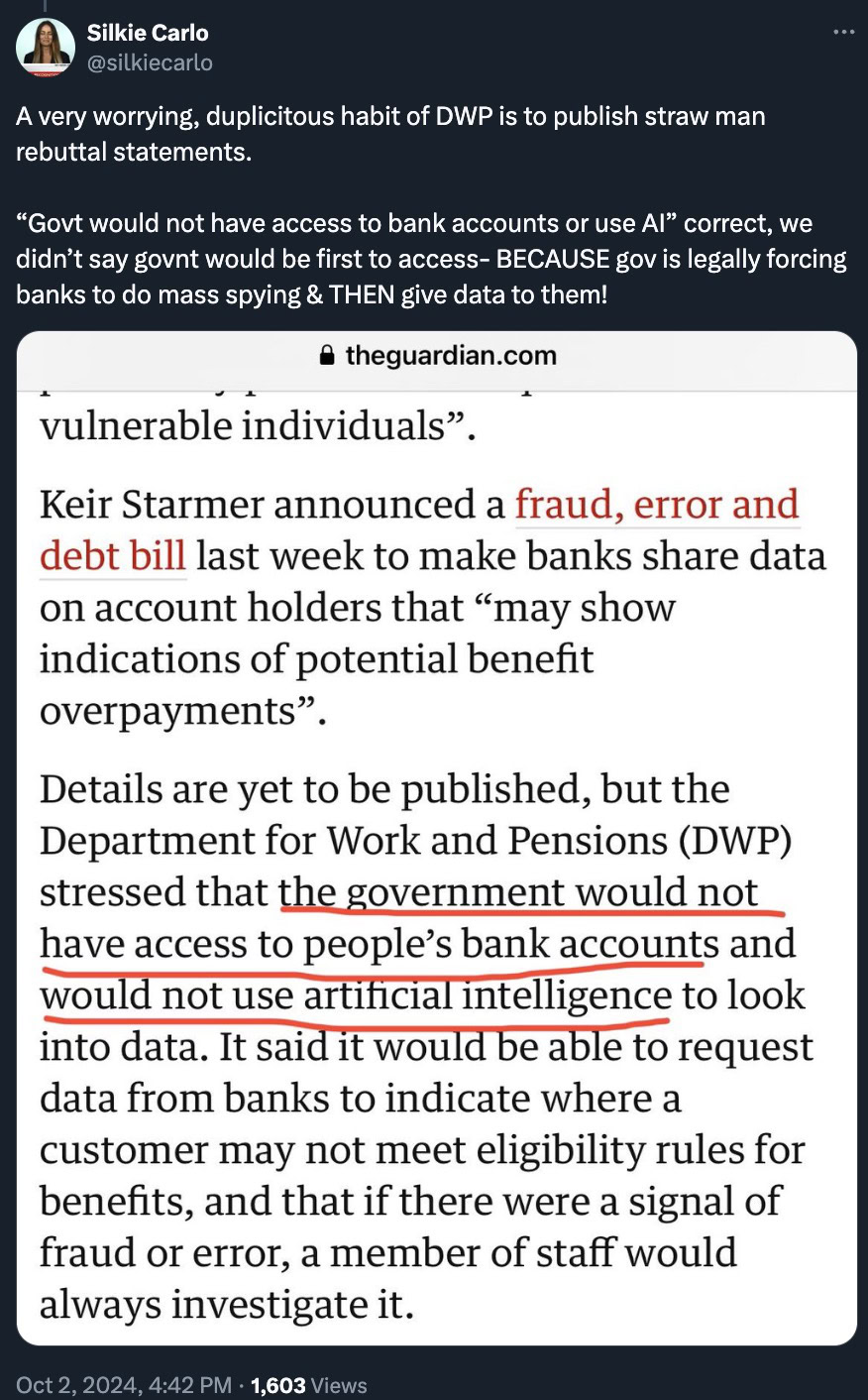 Screenshot of a tweet by Silkie Carlo criticizing the DWP's statements, alongside a partially visible article discussing Keir Starmer's announcement of a bill requiring banks to share data, stating the government won't access bank accounts or use AI.