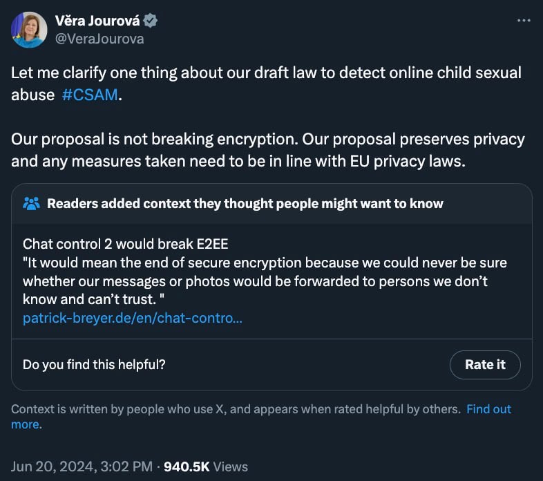 A tweet by Věra Jourová clarifying that a draft law on detecting online child sexual abuse does not break encryption and aligns with EU privacy laws. Below, a reader-added context states that "Chat control 2 would break E2EE," cautioning against the end of secure encryption.