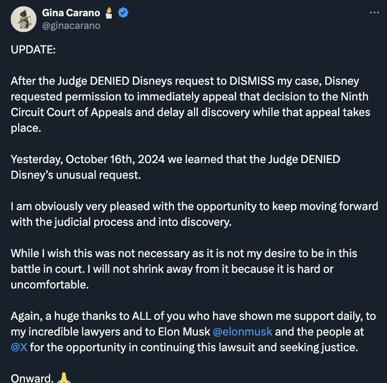 Tweet from Gina Carano discussing a legal update where a judge denied Disney's request to dismiss her case and their appeal. She expresses satisfaction with the decision and thanks supporters and Elon Musk.