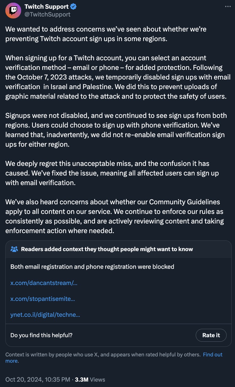 Twitch Support clarifies on temporary email verification disablement in Israel and Palestine after October 7, 2023 attacks; signups continued via phone. Issue now resolved, community guidelines enforced. Additional reader context notes both email and phone registration were blocked.