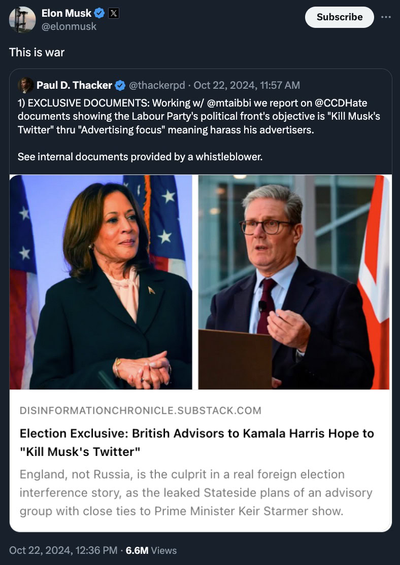 A tweet by Elon Musk stating "This is war" above another tweet by Paul D. Thacker about exclusive documents allegedly showing British advisors plotting against Musk's Twitter, with an image of two people speaking.