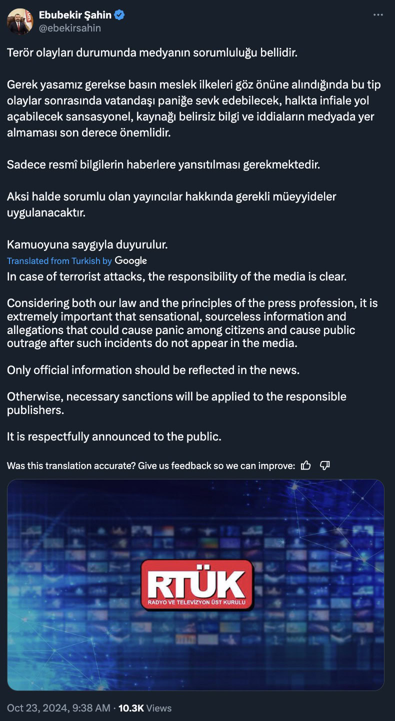A social media post with text warning media of their responsibilities during terrorist events, emphasizing the importance of not spreading sensational, unsupported information and urging the reflection of only official data; includes an image of the RTÜK (Radio and Television Supreme Council) logo.