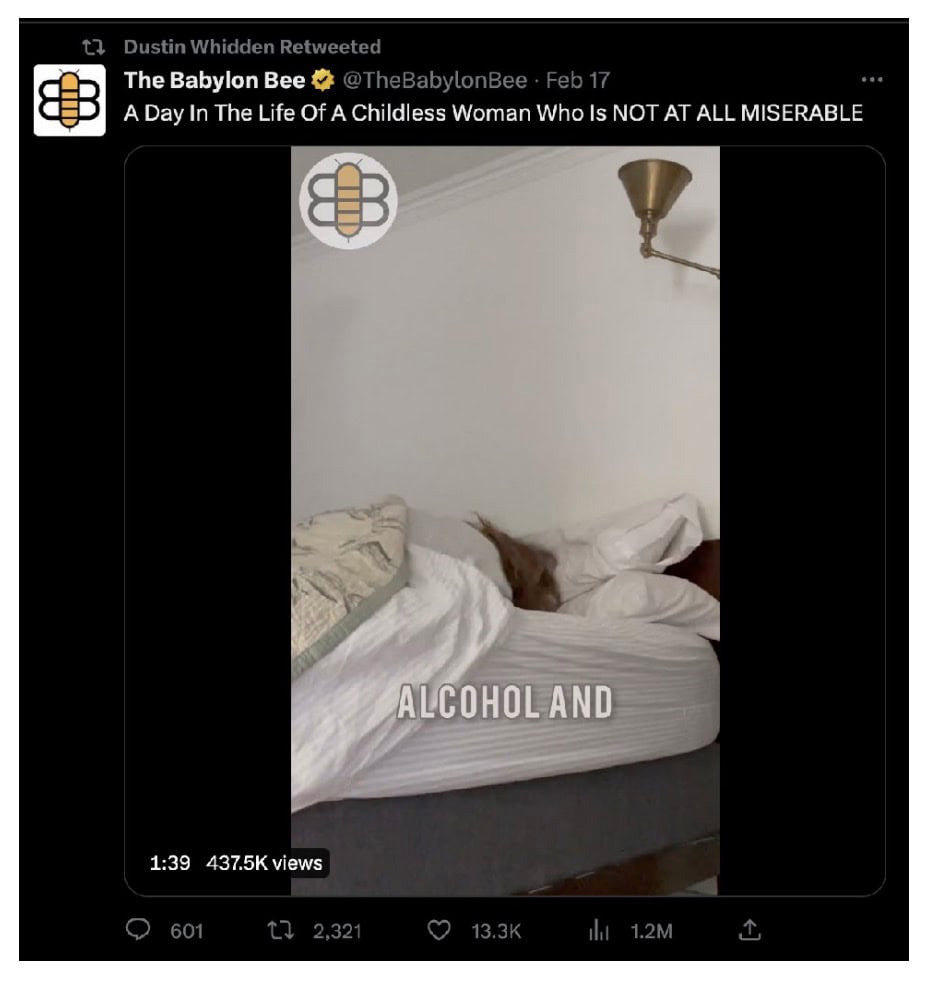 A tweet from The Babylon Bee about a childless woman in bed with the caption "ALCOHOL AND".