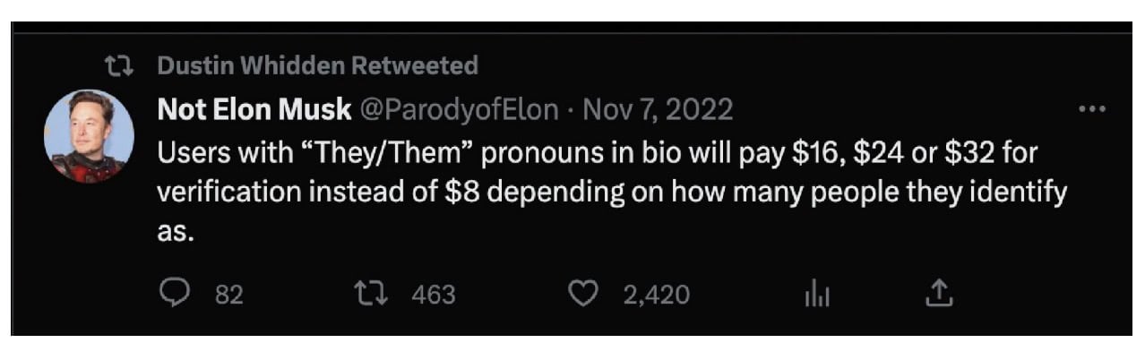 Tweet from @ParodyofElon stating that users with "They/Them" pronouns will pay $16, $24, or $32 for verification instead of $8, depending on how many people they identify as.