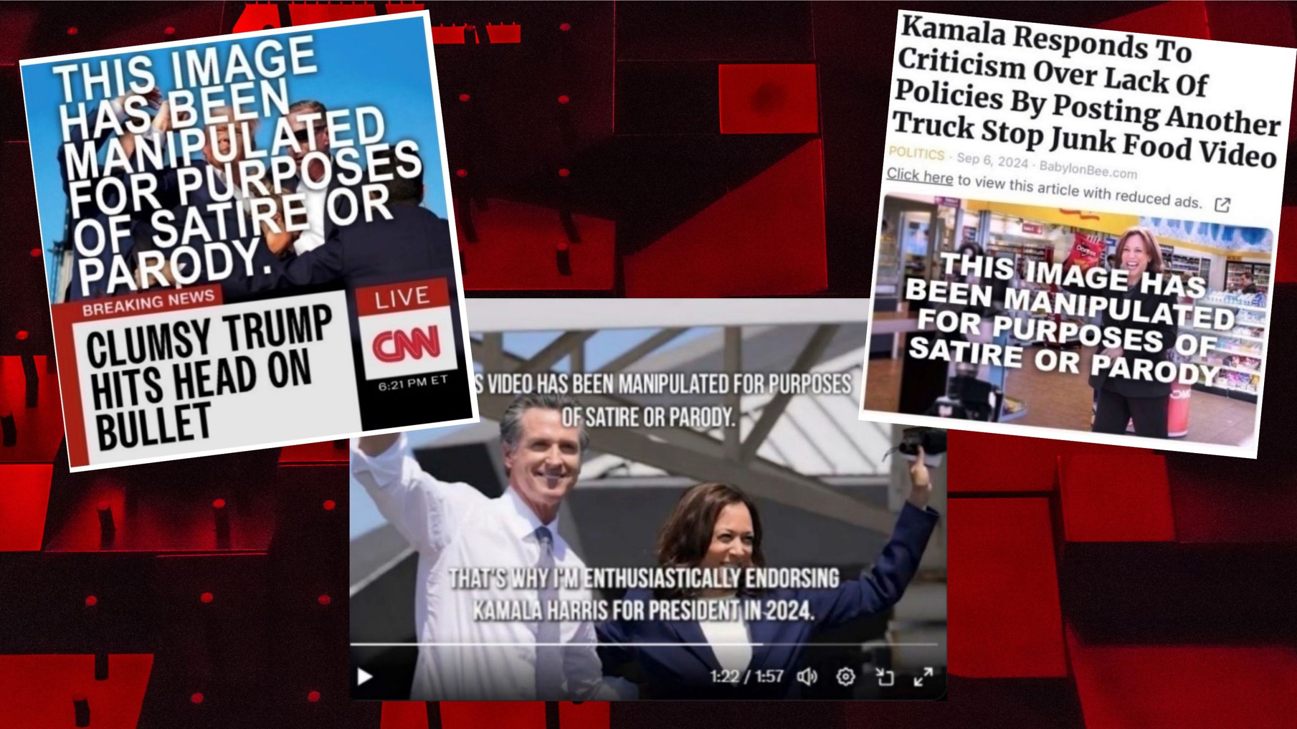 Collage of manipulated images labeled for satire or parody, featuring various political figures and headlines, including a faux CNN screenshot and a posed endorsement.