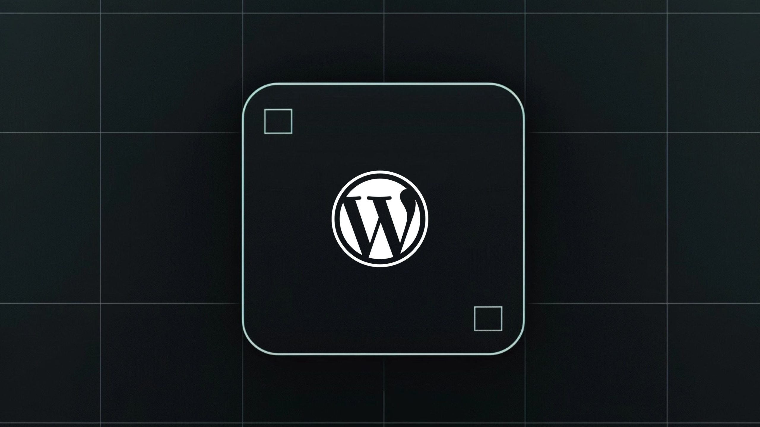 WordPress logo on a dark background with grid lines.