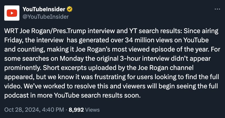 Tweet from YouTubeInsider discussing the view count and search result issues of Joe Rogan's interview with President Trump on YouTube.