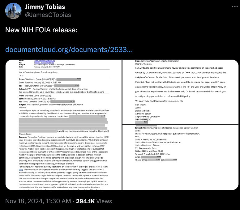 Screenshot of a tweet by Jimmy Tobias discussing a new NIH FOIA release, featuring partially redacted email exchanges related to the review of a manuscript on gain-of-function research.
