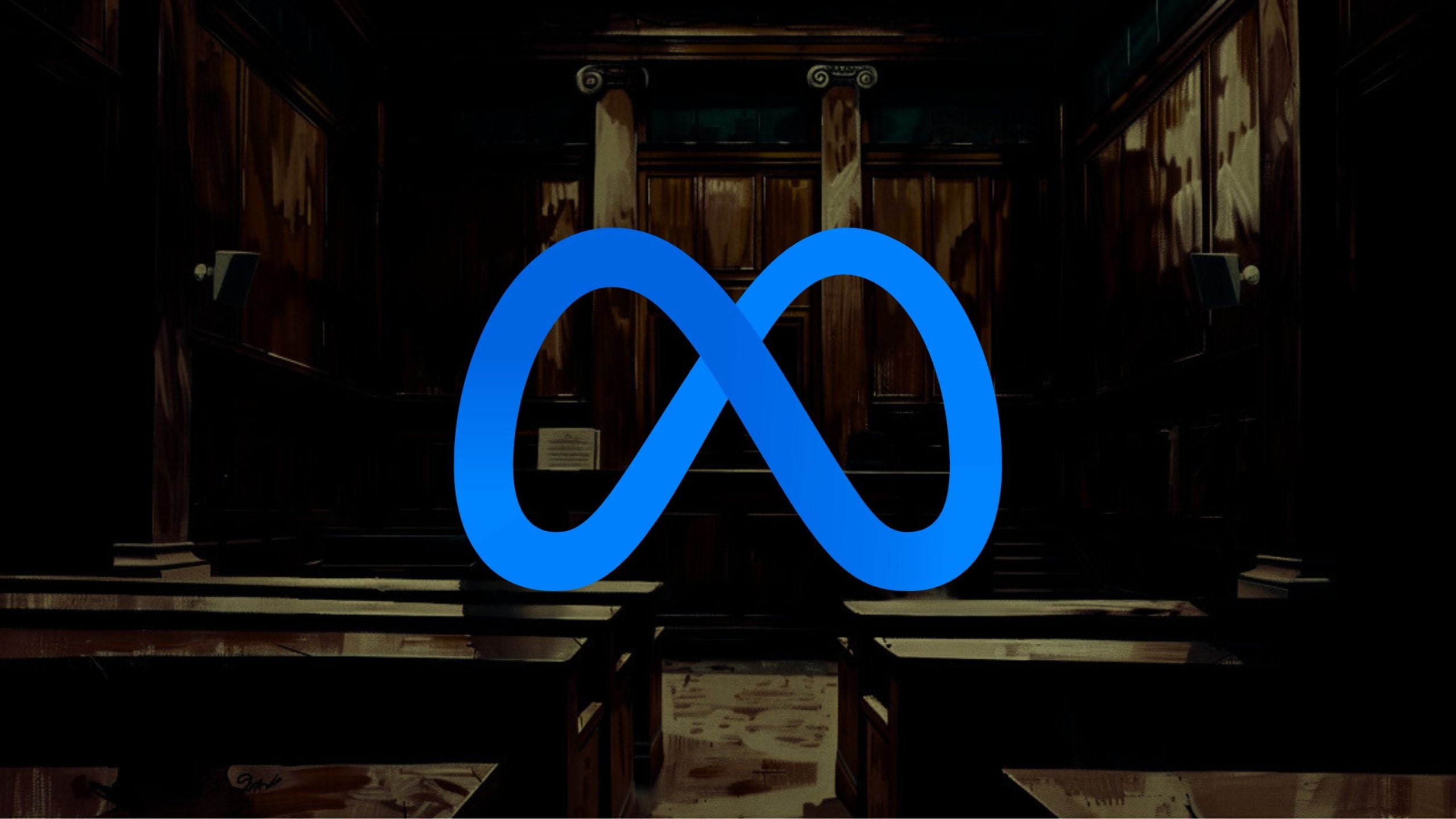 Blue Meta logo in the foreground of a dimly lit courtroom.