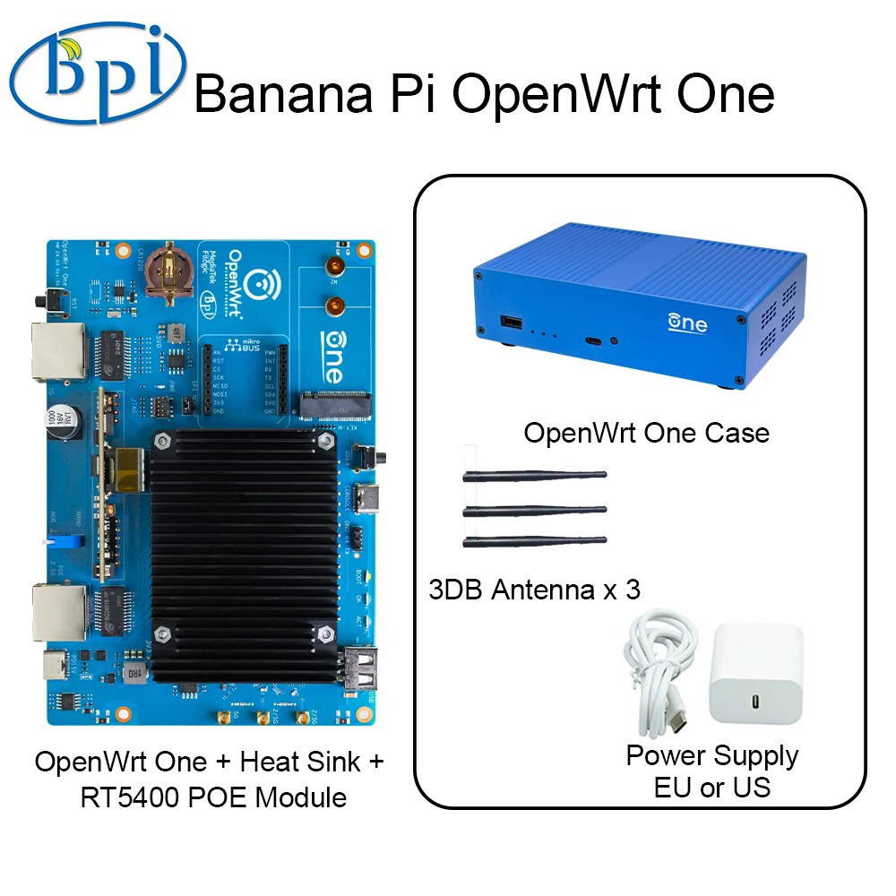 Banana Pi OpenWrt One kit with circuit board, heat sink, POE module, blue case, three antennas, and power supply.