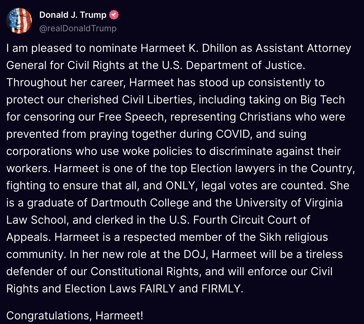 Tweet by Donald J. Trump announcing the nomination of Harmeet K. Dhillon as Assistant Attorney General for Civil Rights, highlighting her career achievements and education.