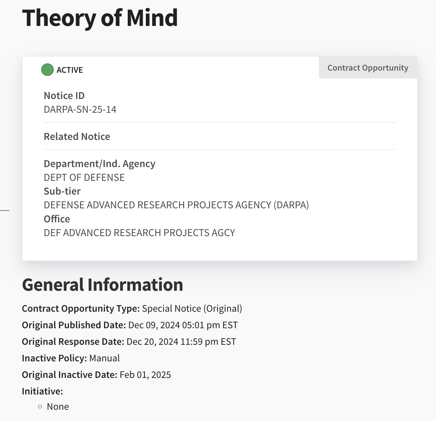 "Screenshot of a contract opportunity notice titled 'Theory of Mind' from DARPA, with details like Notice ID: DARPA-SN-25-14, and publication and response dates in December 2024."