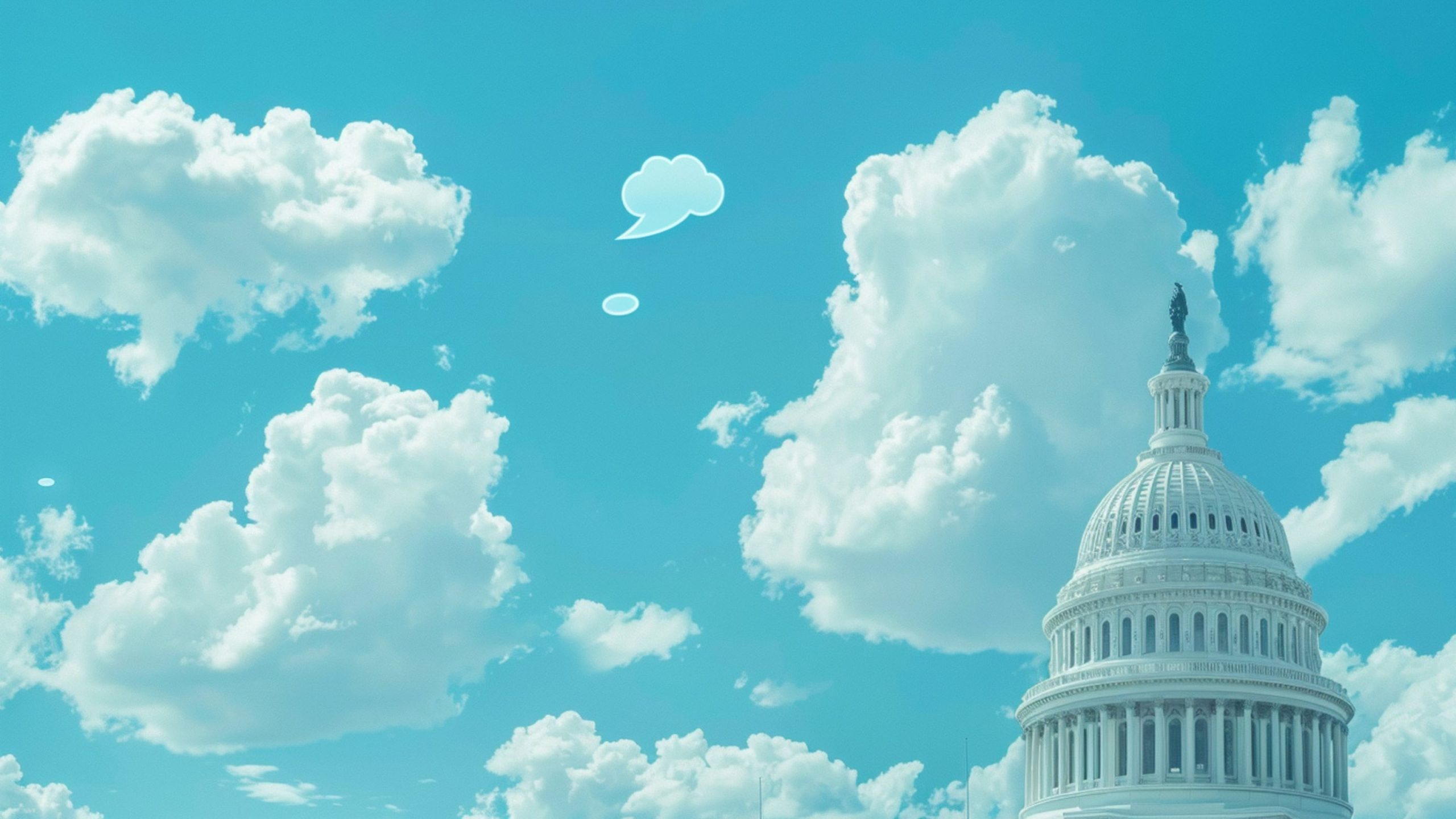 The dome of the United States Capitol under a sky with large white clouds and a speech bubble cloud formation.