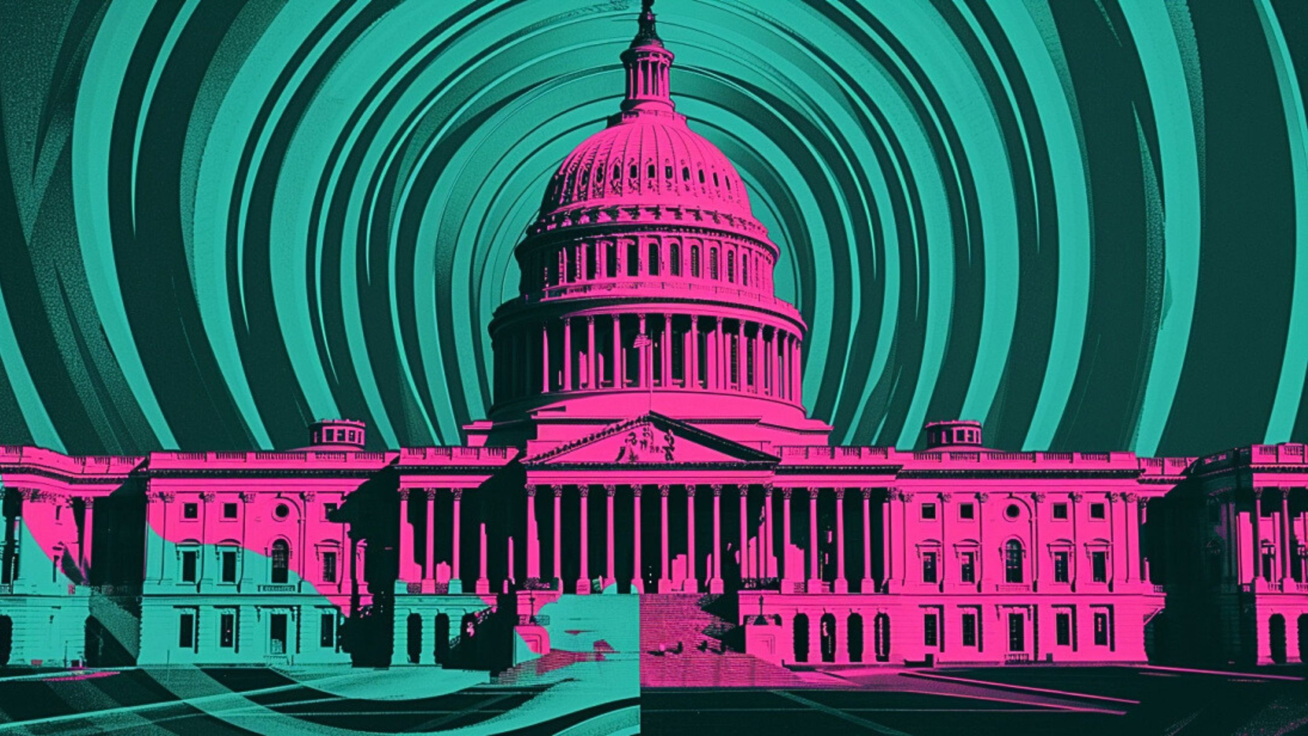 A stylized illustration of the US Capitol building in vibrant pink, set against a teal background with swirling patterns.