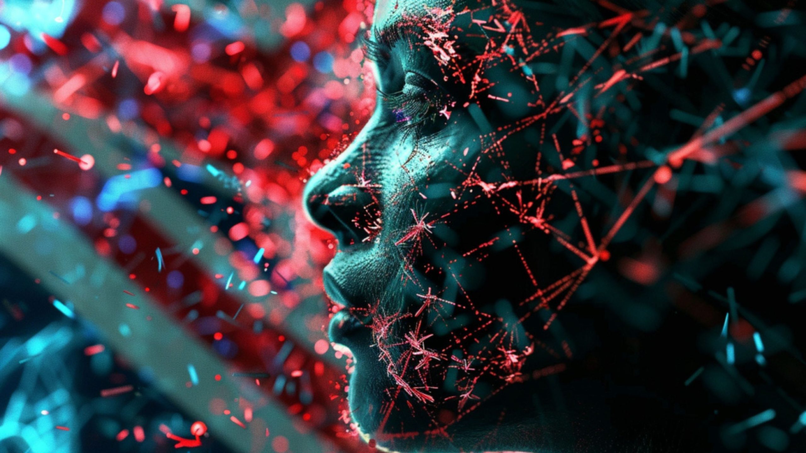 Profile of a face surrounded by digital red and blue network lines and particles.