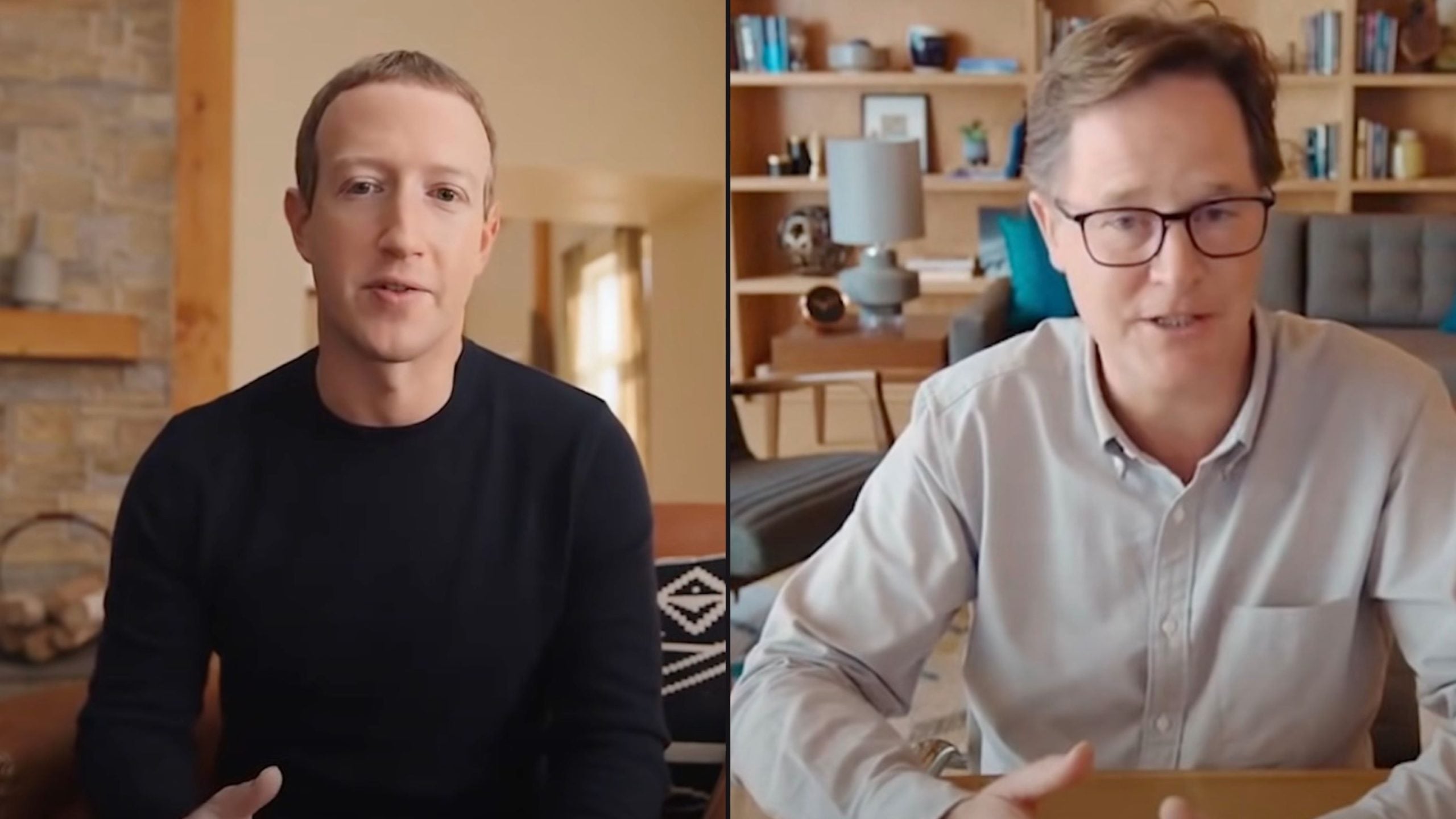 Zuckerberg and Clegg sitting in separate rooms, one wears a black shirt, the other a light-colored shirt with glasses.