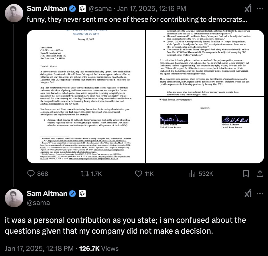 Screenshot of tweets by Sam Altman showing a letter addressed to him, discussing political contributions related to Trump's inaugural fund. Altman comments on not receiving a similar letter for contributions to Democrats and clarifies that the donation was personal.