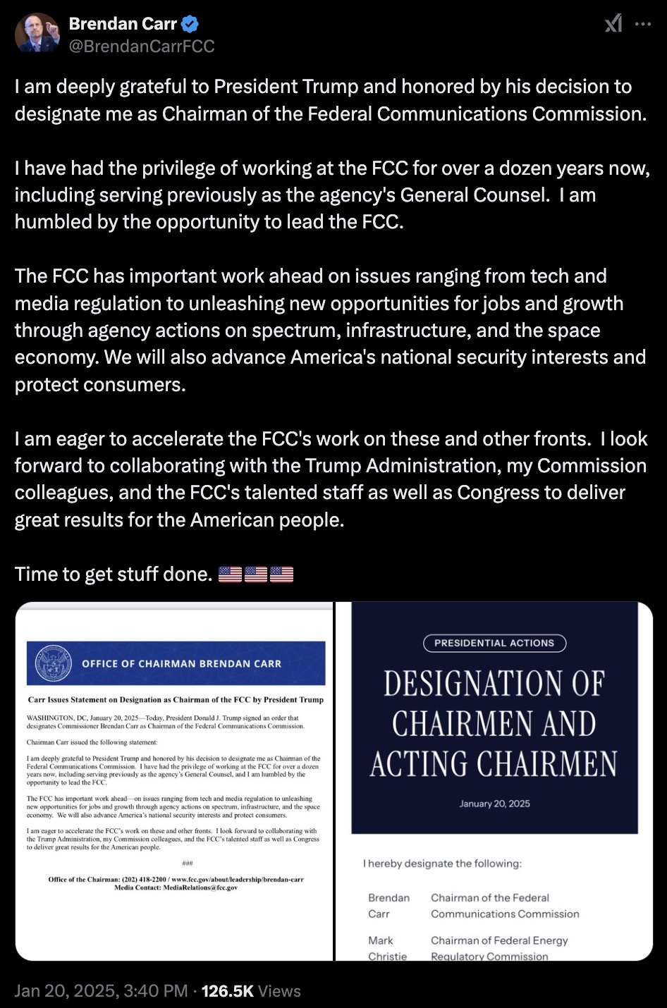 Brendan Carr's tweet announcing his designation as Chairman of the FCC, expressing gratitude to President Trump, with images showing official statements of the designation.