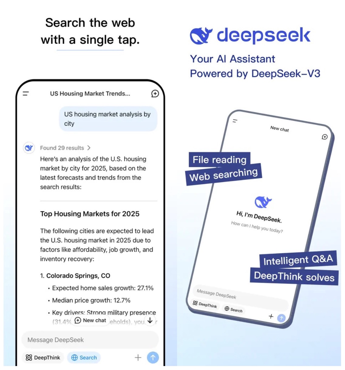 Two mobile phone screens displaying DeepSeek app interface with features like web searching and intelligent Q&A. Text highlights 'Search the web with a single tap' and 'Your AI Assistant Powered by DeepSeek-V3.'