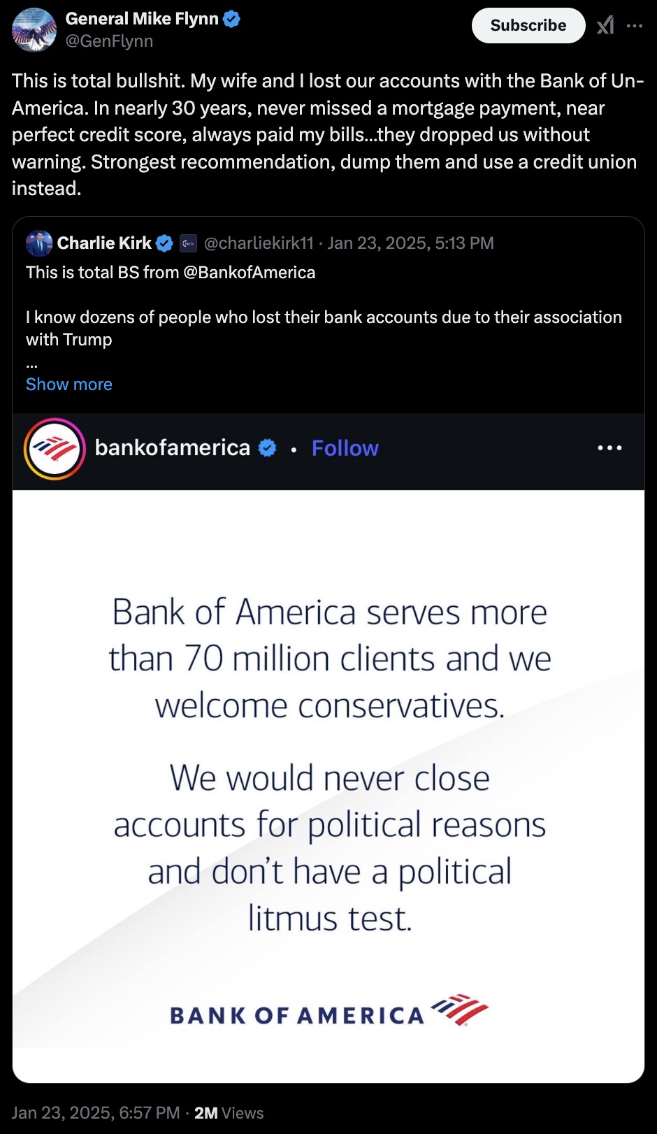 Tweet by General Mike Flynn expressing frustration over losing accounts with Bank of America, despite having a perfect credit score and payment history. Retweets a post by Charlie Kirk alleging political reasons for account closures. Includes a Bank of America statement claiming to welcome conservatives and denying political account closures.