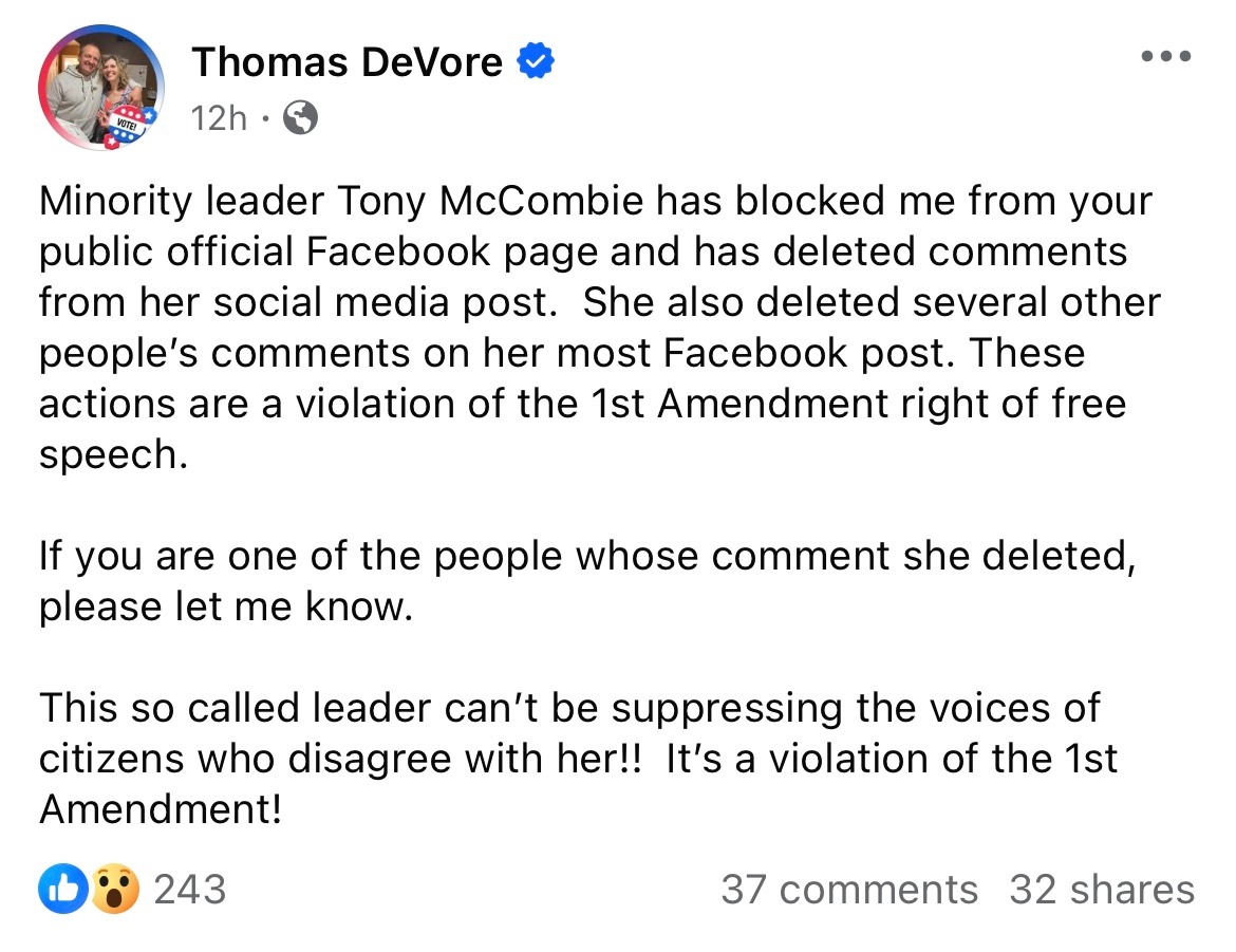 A Facebook post by Thomas DeVore claiming that minority leader Tony McCombie blocked him and deleted comments on her official page, alleging it violates the 1st Amendment rights of free speech.